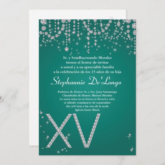 5x7 Turquoise Diamond Quinceanera Invitation Anniv (Devant / Derrière)