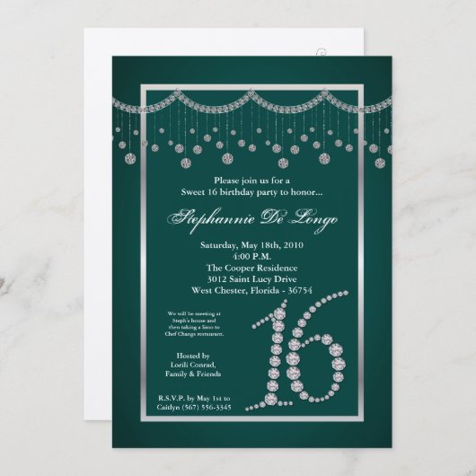 5x7 Turquoise Diamond Sweet 16 Verjaardag Uitnodig Kaart (Voorkant / Achterkant)