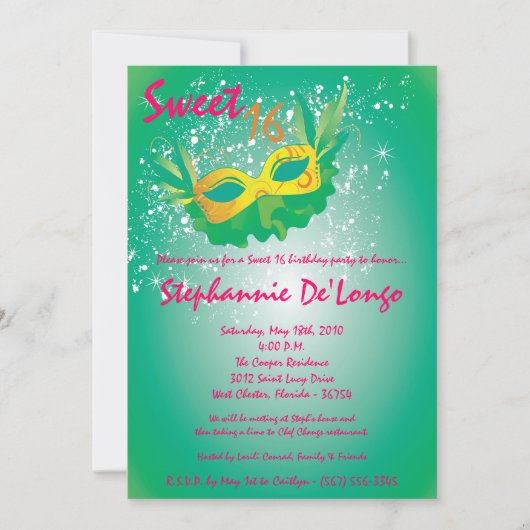 5x7 Turquoise Masquerade Sweet 16 Invitation anniv (Devant)