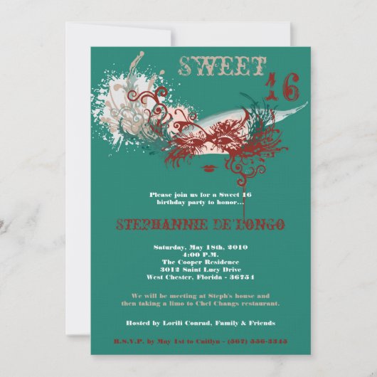 5x7 Turquoise Masquerade Sweet 16 Invitation anniv (Devant)