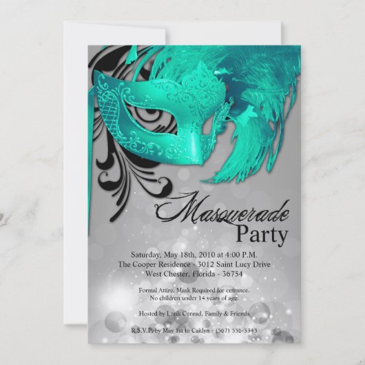 5x7 Turquoise Masquerade Sweet 16 Invitation anniv (Devant)