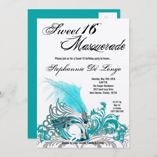 5x7 Turquoise Masquerade Sweet 16 Invitation anniv (Devant / Derrière)
