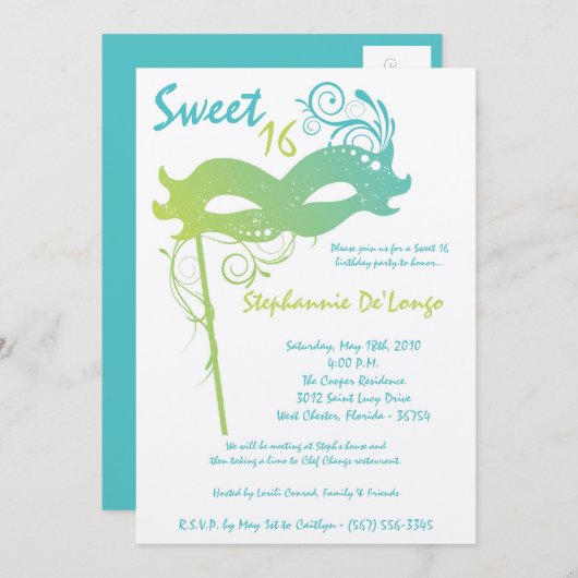 5x7 Turquoise Masquerade Sweet 16 Invitation anniv (Devant / Derrière)