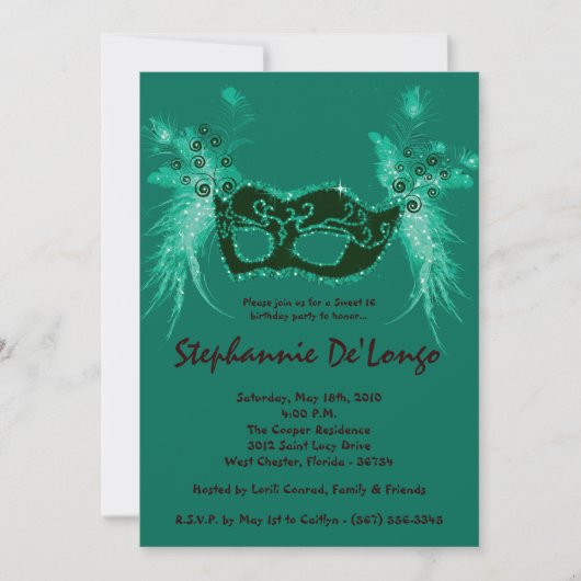5x7 Turquoise Masquerade Sweet 16 Invitation anniv (Devant)