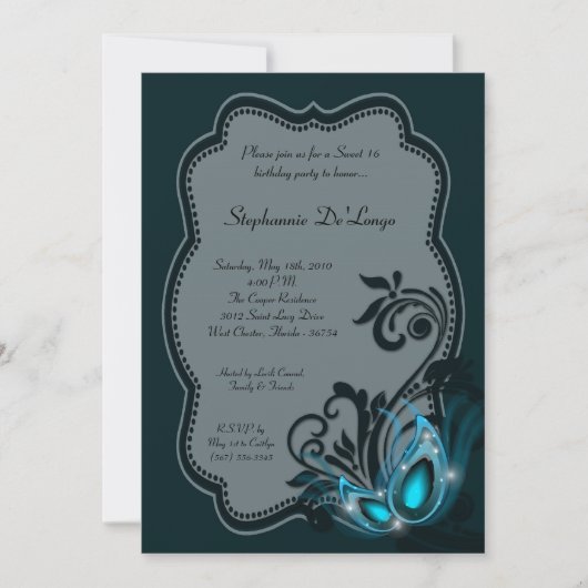 5x7 Turquoise Masquerade Sweet 16 Invitation anniv (Devant)
