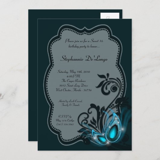5x7 Turquoise Masquerade Sweet 16 Invitation anniv (Devant / Derrière)