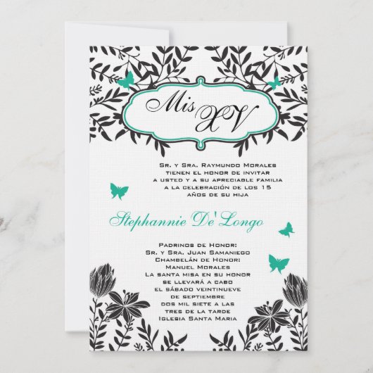 5x7 Turquoise Papillon Quinceanera Invitation d'an (Devant)