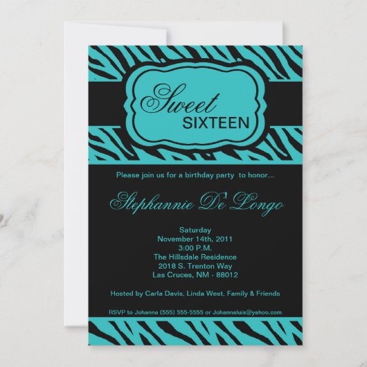 5x7 Turquoise Zebra Imprimer Invitation à la fête (Devant)
