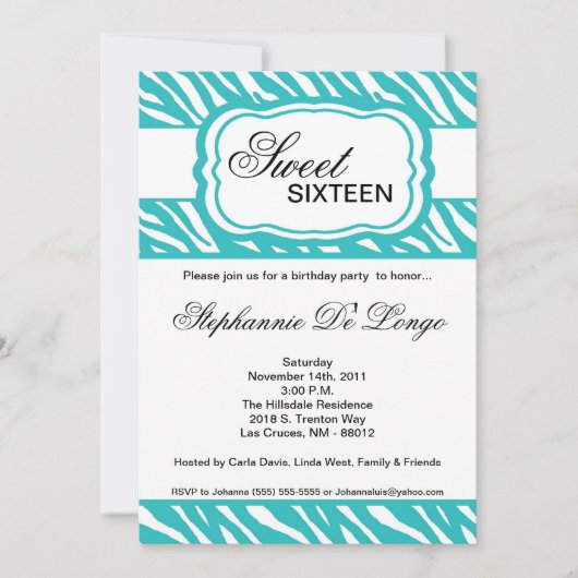 5x7 Turquoise Zèbre Imprimer Invitation de fête d' (Devant)