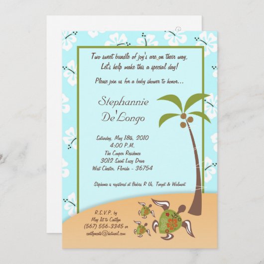 5x7 Turtle Tropical Mama TWINS Shower Invitation (Devant / Derrière)