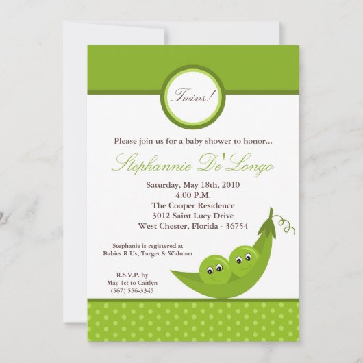 5x7 TWIN Boy Peas in Pod Baby shower Invitation (Devant)