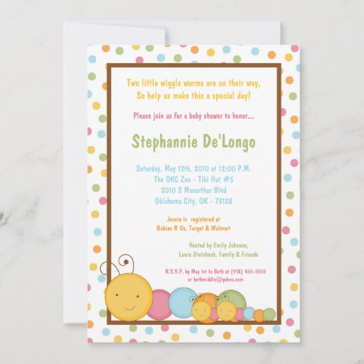 5x7 TWINS Caterstyle Worm Baby shower Invitation Kaart (Voorkant)