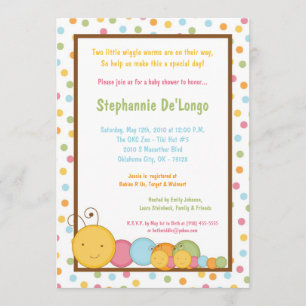 5x7 TWINS Caterstyle Worm Baby shower Invitation Kaart