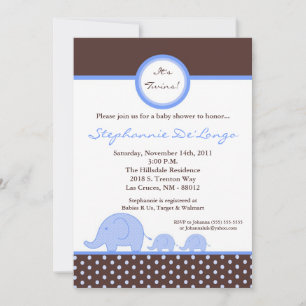 5x7 TWINS Mod Blue Elephant Baby shower Invitation Kaart