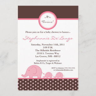 5x7 TWINS Mod Pink Elephant Invitation Baby shower