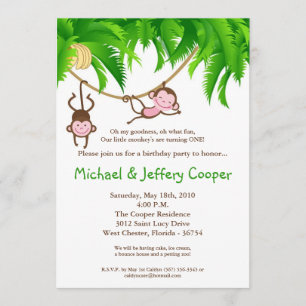 5x7 TWINS Monkey Oerwoud Birthday Party Invitation Kaart