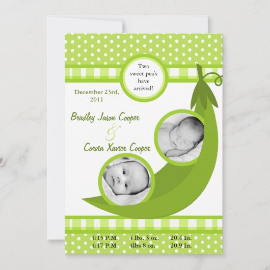 5x7 Twins Pea dans un Faire-part de naissance PHOT (Devant)