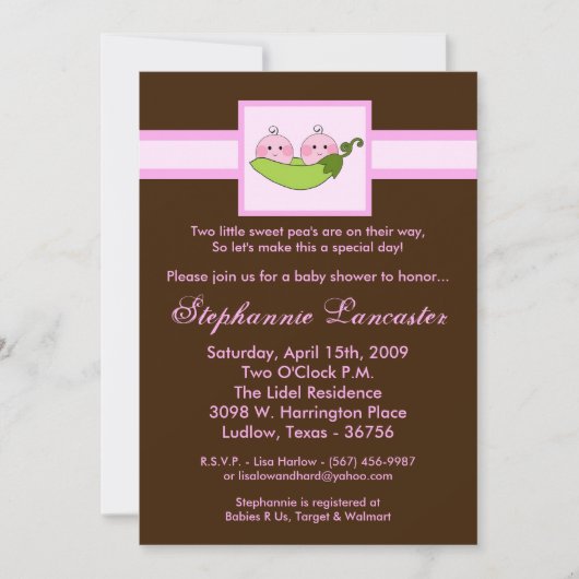 5x7 TWINS Sweet Pea in Pod Baby shower Invitation (Devant)