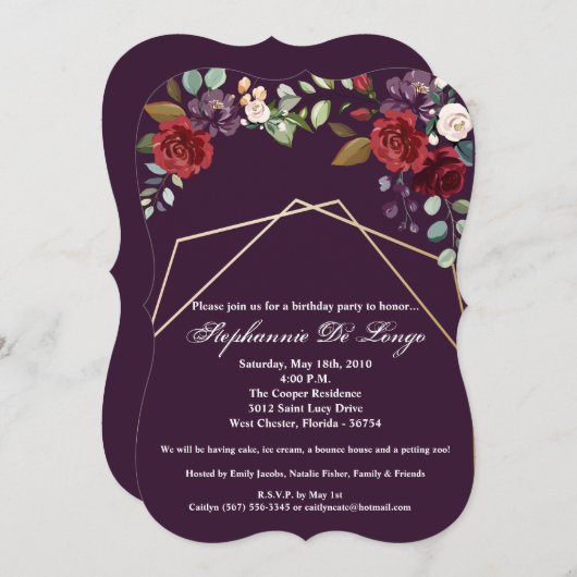 5x7 Verjaardagsuitnodiging Pruim Paarse Rozen Goud Kaart (Voorkant / Achterkant)