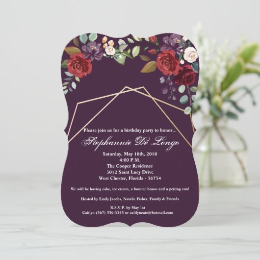 5x7 Verjaardagsuitnodiging Pruim Paarse Rozen Goud Kaart (Staand voorkant)