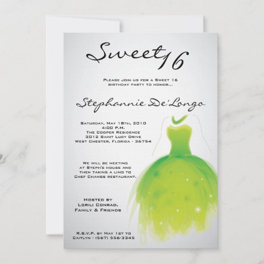 5x7 Vert robe douce 16 Anniversaire Invitation (Devant)