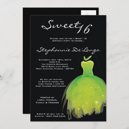 5x7 Vert robe douce 16 Anniversaire Invitation (Devant / Derrière)