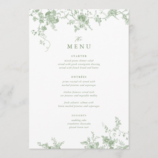 5x7" Victoriaans Groene Bloemen Trouwtafel Menu (Voorkant)