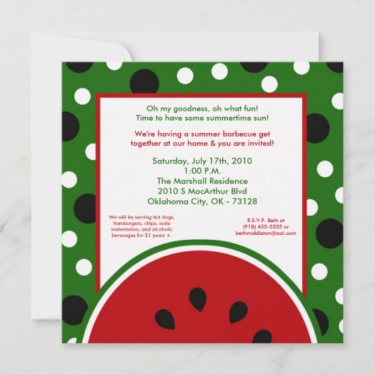 5x7 Watermelon Summer Picnic Barbecue Invitation (Devant)