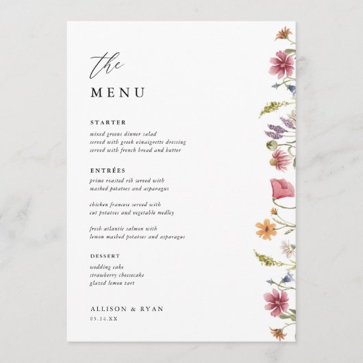 5x7" Wildflower Trouwtafel Menu Kaarten Flat Menu (Voorkant)
