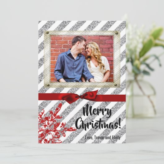 5x7 XMAS Kerstmis Rode Glitter Sneeuwvlok FOTO-kaa Feestdagenkaart (Staand voorkant)