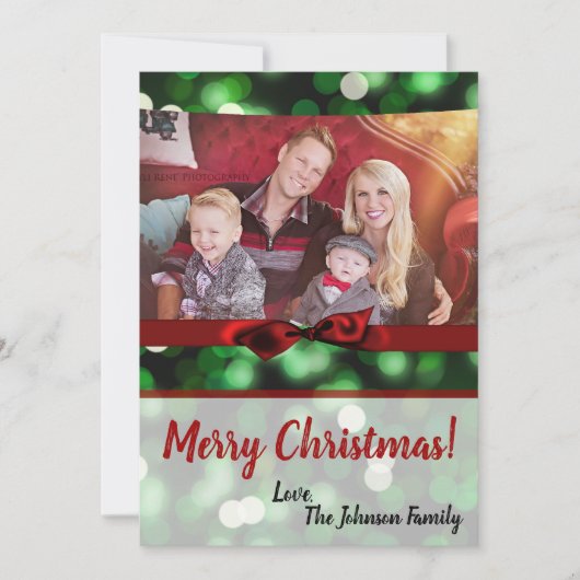 5x7 XMAS Noël Vert Bokeh Lumières Carte photo (Devant)