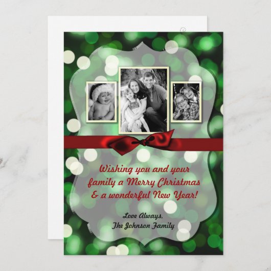 5x7 XMAS Noël Vert Bokeh Lumières Carte photo (Devant / Derrière)