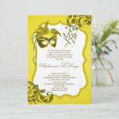 5x7 Yellow Masquerade Masker Quinceanera Uitnodigi Kaart (Staand voorkant)