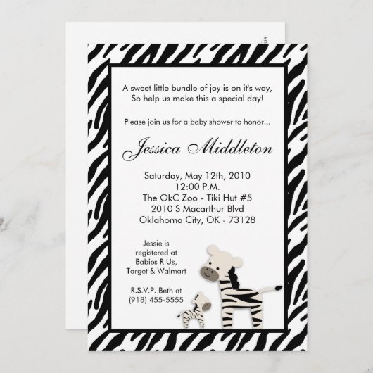 5x7 Zebra Momma and Baby Baby shower Invitation (Devant / Derrière)