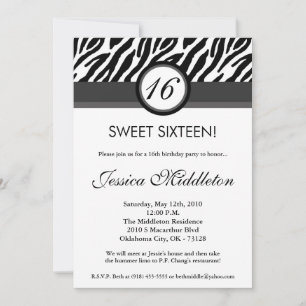 5x7 zwarte grijze Zebra16th Birthday Invitation Kaart