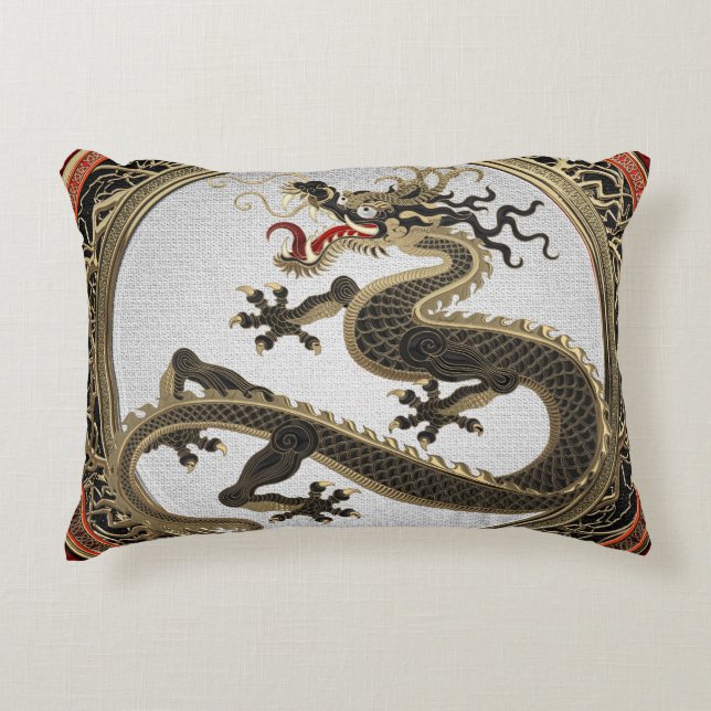 [600] Black and Gold Sacred Eastern Dragon Accent Kussen (Voorkant)