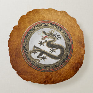 [600] Black and Gold Sacred Eastern Dragon Rond Kussen