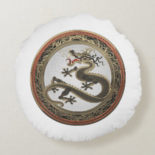 [600] Black and Gold Sacred Eastern Dragon Rond Kussen