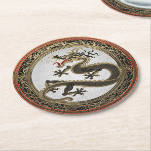 [600] Black and Gold Sacred Eastern Dragon Ronde Kartonnen Onderzetter