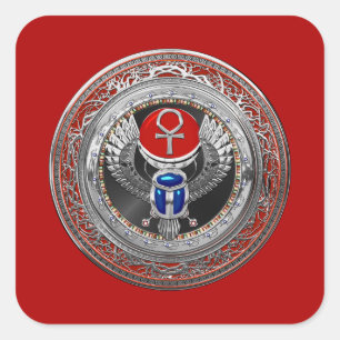 [600] Sacred Silver Egyptian Winged Scarab & Ankh Vierkante Sticker