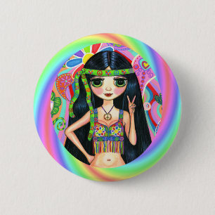 '60, '70' Rainbow Hippie Chick Peace Sign Ronde Button 5,7 Cm