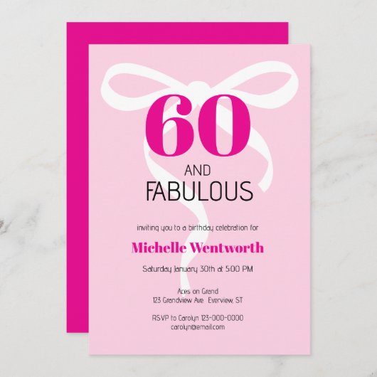 60 and Fabulous Fun Ribbon Hot Pink 60th Birthday Kaart (Voorkant / Achterkant)
