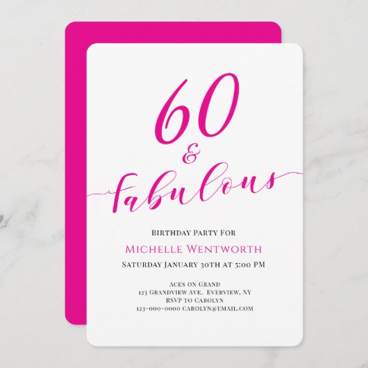 60 and Fabulous Sixtieth Birthday Hot Pink Script Kaart (Voorkant / Achterkant)