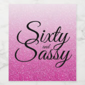 60 en 60th Birthday Pink Glitter Ombre Wijn Etiket (Enkel label)