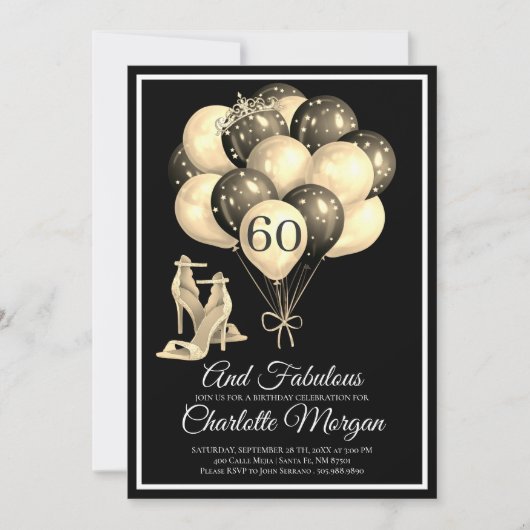 60 en Fabulous Black White, uitnodiging op hoog ni (Voorkant)