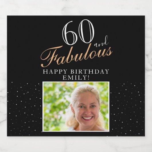 60 en Fabulous Elegant Black Photo 60th Birthday Sparkling Wijnetiket (Enkel label)