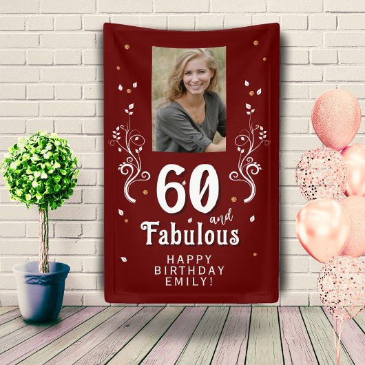 60 en Fabulous Foliage Red 60th Birthday Foto Spandoek