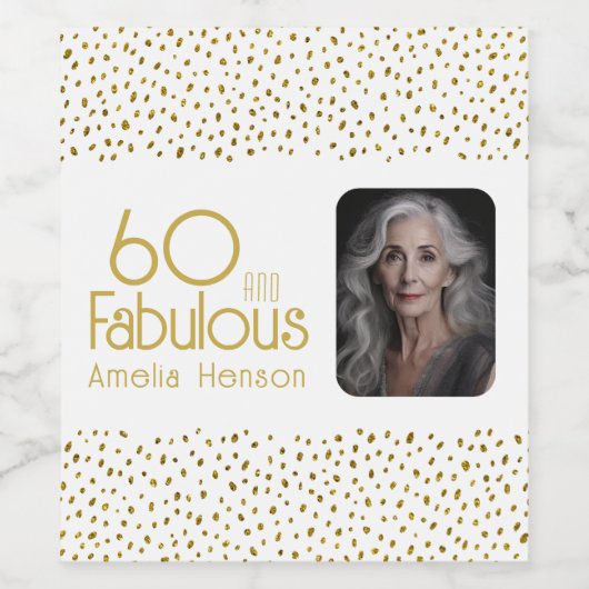 60 en Fabulous Gold Glitter Photo 60th Birthday Wijn Etiket (Enkel label)