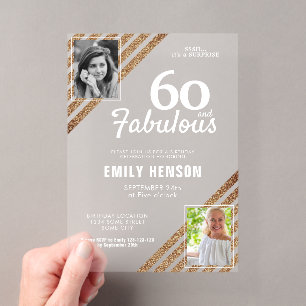 60 en Fabulous Gouden Glitter 2 Foto 60e Verjaarda Acryl Uitnodigingen