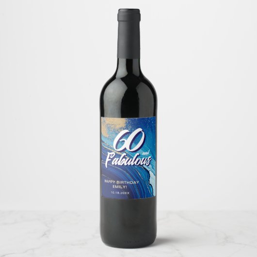 60 en Fabulous Marble Glitter verjaardag Wijn Etiket (Voorkant)